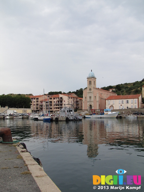 SX27534 Church reflected in Port-Vendres Harbour